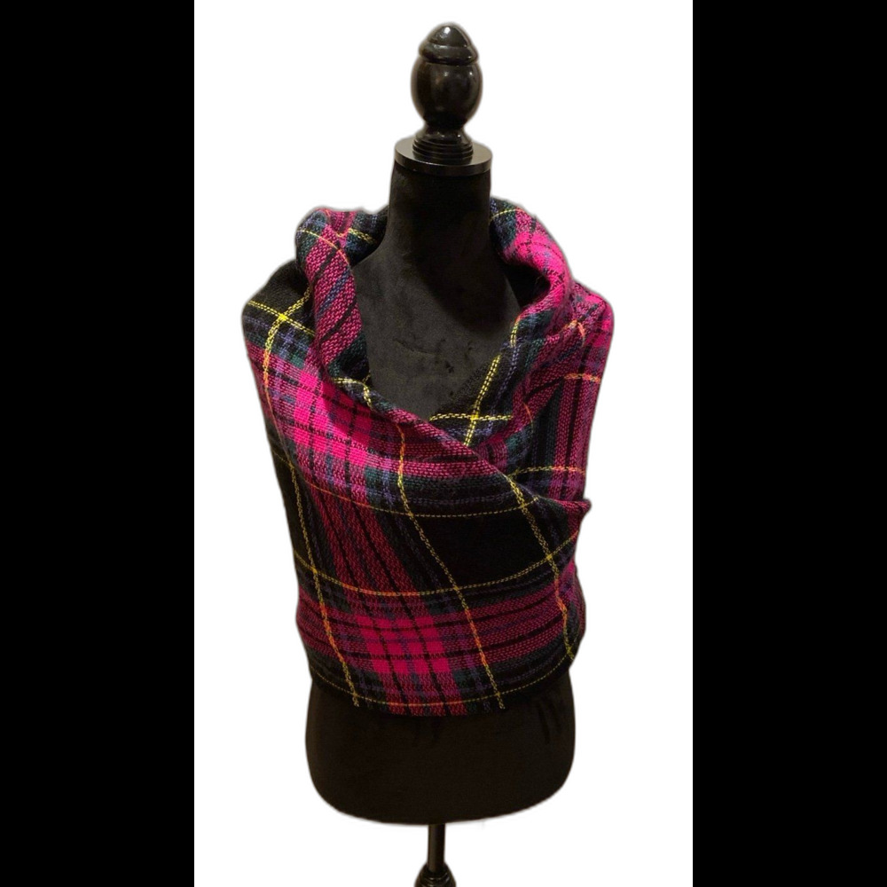 Fuchsia & Black Plaid Wrap Around Scarf Versatile Soft Practical Hot Pink